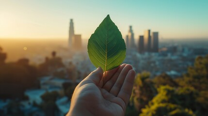 Extending hand holding a green leaf symbolizing eco-friendly action.