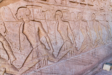 Abu Simbel, Aswan, Egypt. Relief mural depicting captured Nubians at the Great Temple of Ramesses II.