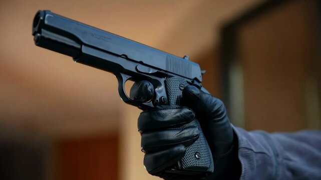 Armed man holding a gun closeup, criminal with leather glove 