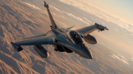Fighter jet soaring over desert landscape at sunset showcasing advanced aerodynamics and design