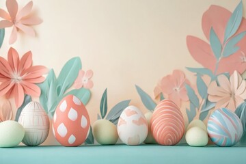 Colorful Easter eggs displayed against a backdrop of pastel flowers and leaves in a creative and festive arrangement ready for spring celebrations