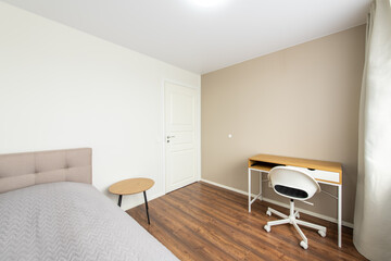 Minimalism Children, Young Adult Living Room Interior. Bed and Table. LED Light