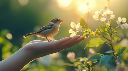 Bird perched on a hand surrounded by blooming flowers in a sunny garden