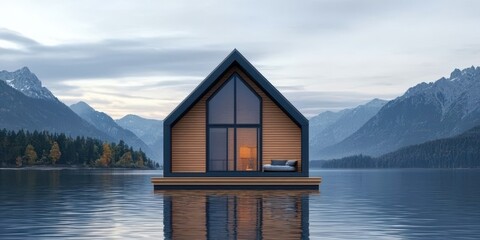 Modern Cabin on Tranquil Lake with Mountain View