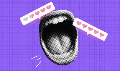 Vector retro illustration of a Mouth feedback with scream and rating. Halftone art with purple checkered background. Collage of music, sound, and review bar in a vintage pop style. © annetdebar