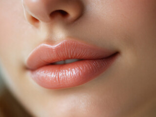 Glossy pink lips close-up, vibrant and alluring, showcasing flawless makeup and beauty.