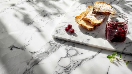 Sourdough Toast Adorned With Vibrant Berry Jam and Homemade Preserves on a Marble Surface