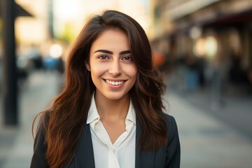 Portrait of a cheerful businesswoman smiling outdoors in a city setting