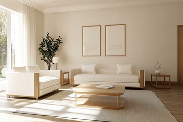 Fototapeta premium Living room interior, neutral color palette, white sofa, wooden coffee table, potted olive tree, minimalist wall art, textured wallpaper, natural light, cozy atmosphere, Scandinavian design influence,