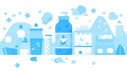 Naklejka premium Stylized illustration of baby products and toys in blue tones