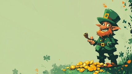 Fototapeta premium Cheerful leprechaun with hat and pipe standing beside gold coins on clover field