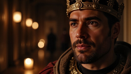 Determined ancient king wearing crown in dimly lit corridor, royalty