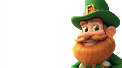 Cheerful cartoon leprechaun with green hat and beard on white background
