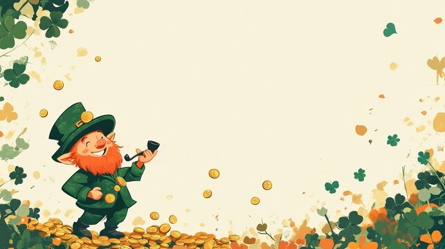 Cheerful leprechaun with a pipe standing on gold coins amongst clovers