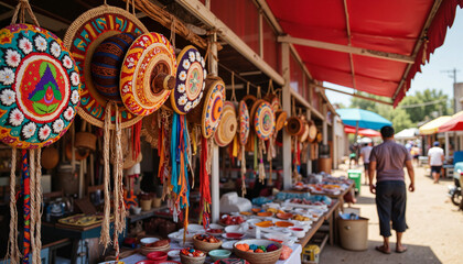 Colorful traditional hats and crafts displayed at an outdoor market