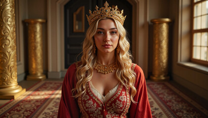 Fototapeta premium Regal woman exuding elegance in Persian palace interior, royalty concept
