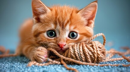 Naklejka premium Adorable orange kitten playing with yarn on blue carpet