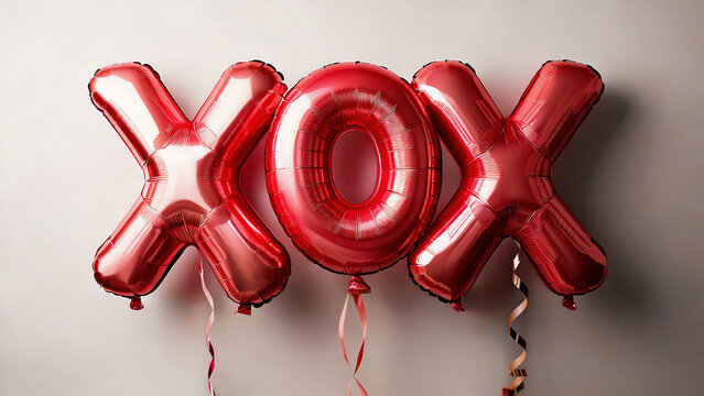 The symbol XOX as a red metallic foil balloon, handwritten retro style text isolated with light white background, love chic fun text greeting for celebrations, valentine's day, wedding anniversary