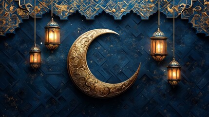 Ramadan background, Decorative crescent moon and star motifs forming an ornate frame, warm golden tones