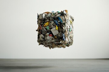 A compacted rectangular cube of trash hovering in a digital world