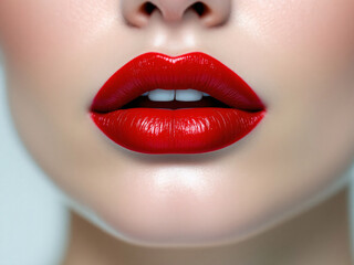 Obraz premium Lips, red, glossy, close-up, makeup, vibrant, sexy, kiss, pout, shiny, bold, alluring, cosmetics, beauty, mouth, glamour, lipstick, sensual, attractive, provocative, luscious, enticing, seductive, gli