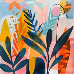 Fototapeta premium Colorful abstract painting of leaves. The painting is full of life and energy, combines bright and bold colors. Illustration in painted style for cover, card, interior design, brochure or presentation