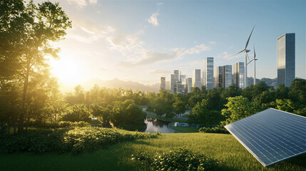 Solar panels and wind turbines in a green landscape with futuristic city skyline at sunrise