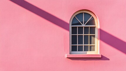 Fototapeta premium Pink Wall with Arch Window and Sunlight Shadow