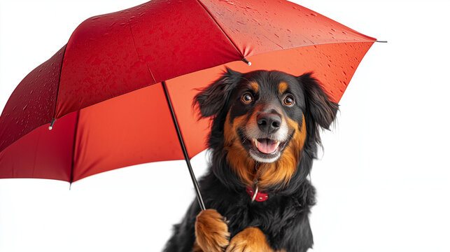 dog with red umbrella. on a white background, isolated. The concept of a beloved pet, care, photos for veterinary clinics, thematic magazines
