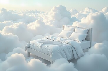 Bed with white bedding linens in white clouds as a concept for a serene and comfortable sleep
