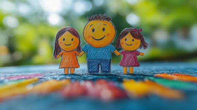 Colorful childlike drawing of family holding hands outdoors