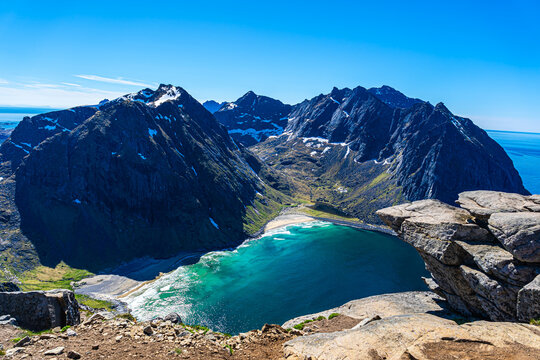 Ryten peak looking over Kvalvika Beach, Lofoten Island, Norway