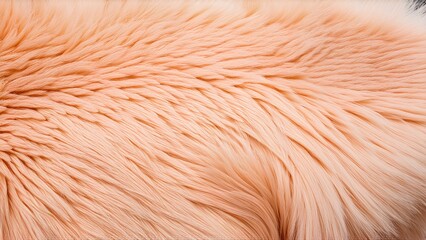 Fototapeta premium Closeup peach-colored fur with a plush, soft texture and voluminous, fluffy fibers. The luxurious, thick fur creates a warm and cozy feel, perfect for winter fashion, accessories, or interior decor.