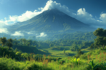 Obraz premium Volcan endormi avec fumée légère et végétation luxuriante
