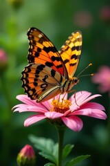 Close-up of a butterfly's wings on a flower, showcasing its unique patterns and details, surrounded by lush greenery, butterfly, nature, leaves