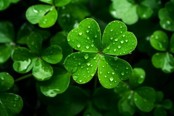 Close up of a vibrant four leaf clover covered in fresh dew, embodying luck, irish heritage, and the beauty of nature