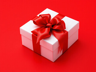 Fototapeta premium White gift box with red ribbon on a red background.