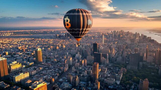 Hot air balloon with Bitcoin logo soaring above urban skyline at sunset.