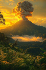 Volcan endormi avec fumée légère et végétation luxuriante