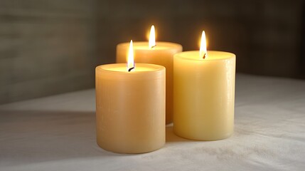 Three pillar candles with flames illuminated isolated on a white background