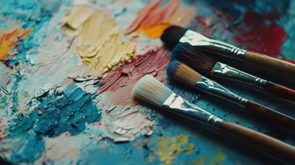 Obraz premium Vibrant paint palette with assorted brushes, showcasing a spectrum of colors ready for artistic creation, ideal for creative projects and inspiration