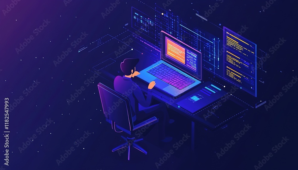 Aufkleber programmer or computer engineer working on a laptop with server room, it, technology and database. c