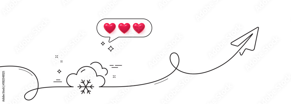 Poster snow weather forecast line icon. continuous line with share plane. clouds with snowflake sign. cloud