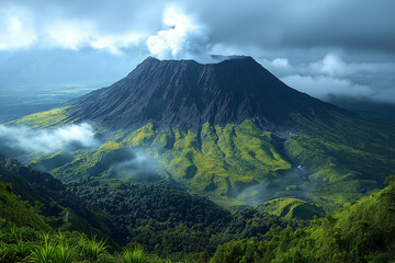 Fototapeta premium Volcan endormi avec fumée légère et végétation luxuriante
