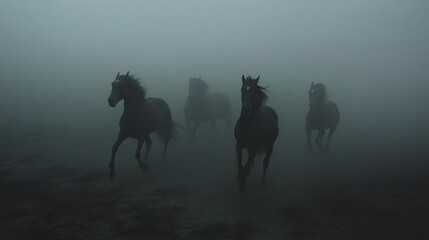 Fototapeta premium Silhouetted horses galloping through thick fog at dusk