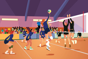 High School College Girls Indoor Volleyball Match Vector Illustration