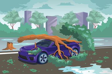 Tree Falling on a Car Accident Vector Illustration