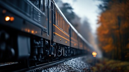 Obraz premium Train on railway track in autumn forest with warm lights. Transportation and seasonal travel.