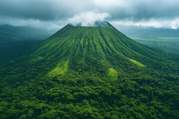 Obraz premium Volcan endormi avec fumée légère et végétation luxuriante