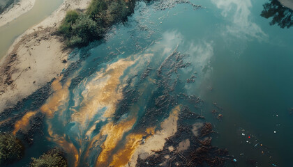Polluted river with visible plastic waste highlighting environmental contamination  -